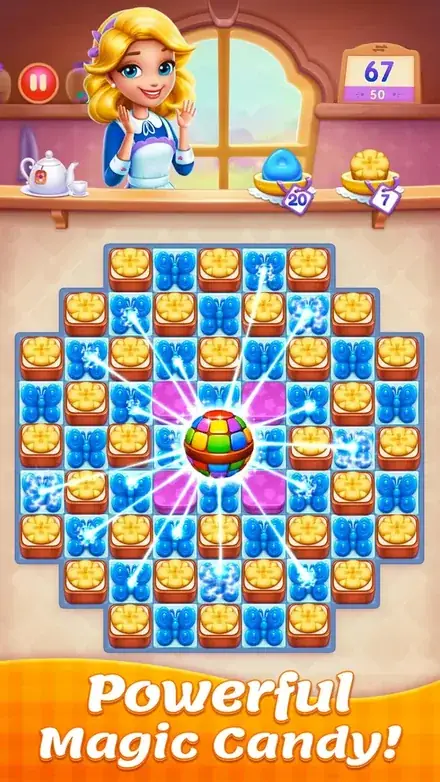 Candy Sweet Legend gameplay: a diamond-shaped board of butterfly and biscuit tiles clearing around a rainbow ball