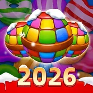 Candy Sweet Legend app icon: a striped candy ball on a snow-covered background