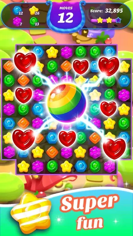 Gummy Candy Blast: a striped booster sweet firing across the tray and clearing the gummies around it