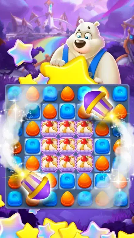 Sweet Candy Match gameplay: a square board of jelly sweets with the polar bear mascot holding a yellow star above it