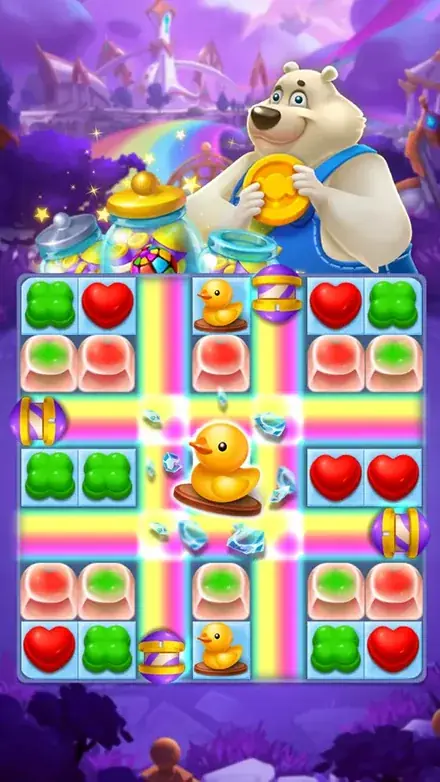 Sweet Candy Match: a rubber-duck special sweet clearing a full row and column across the board